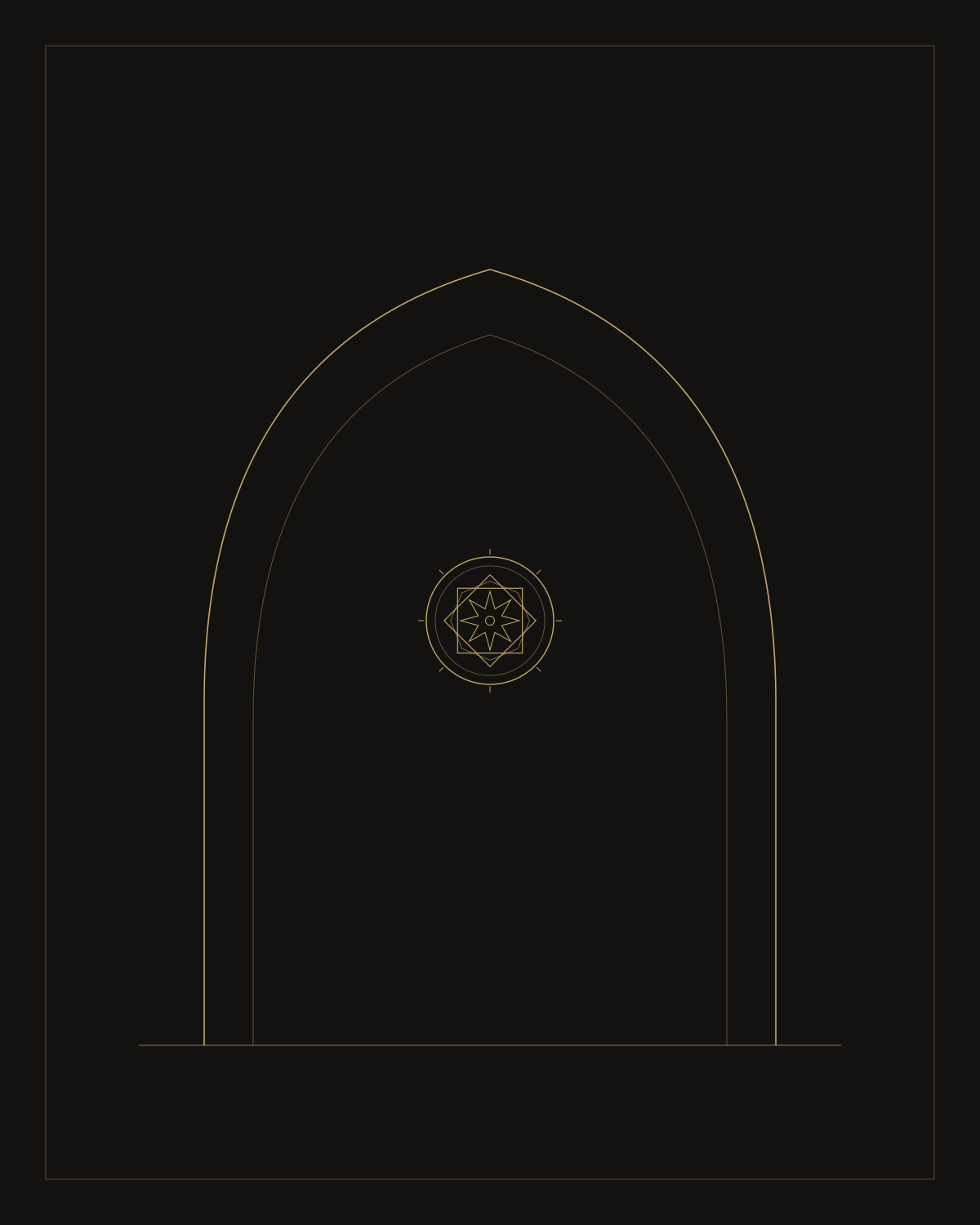 A pointed arch in thin brass line, with a small geometric rosette inside it.