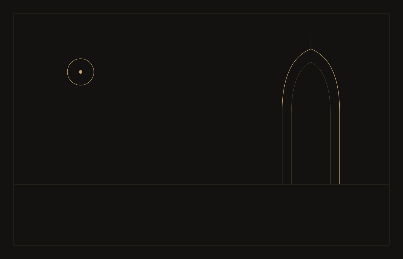 A night interior drawn in brass line: a small moon and a narrow pointed window.