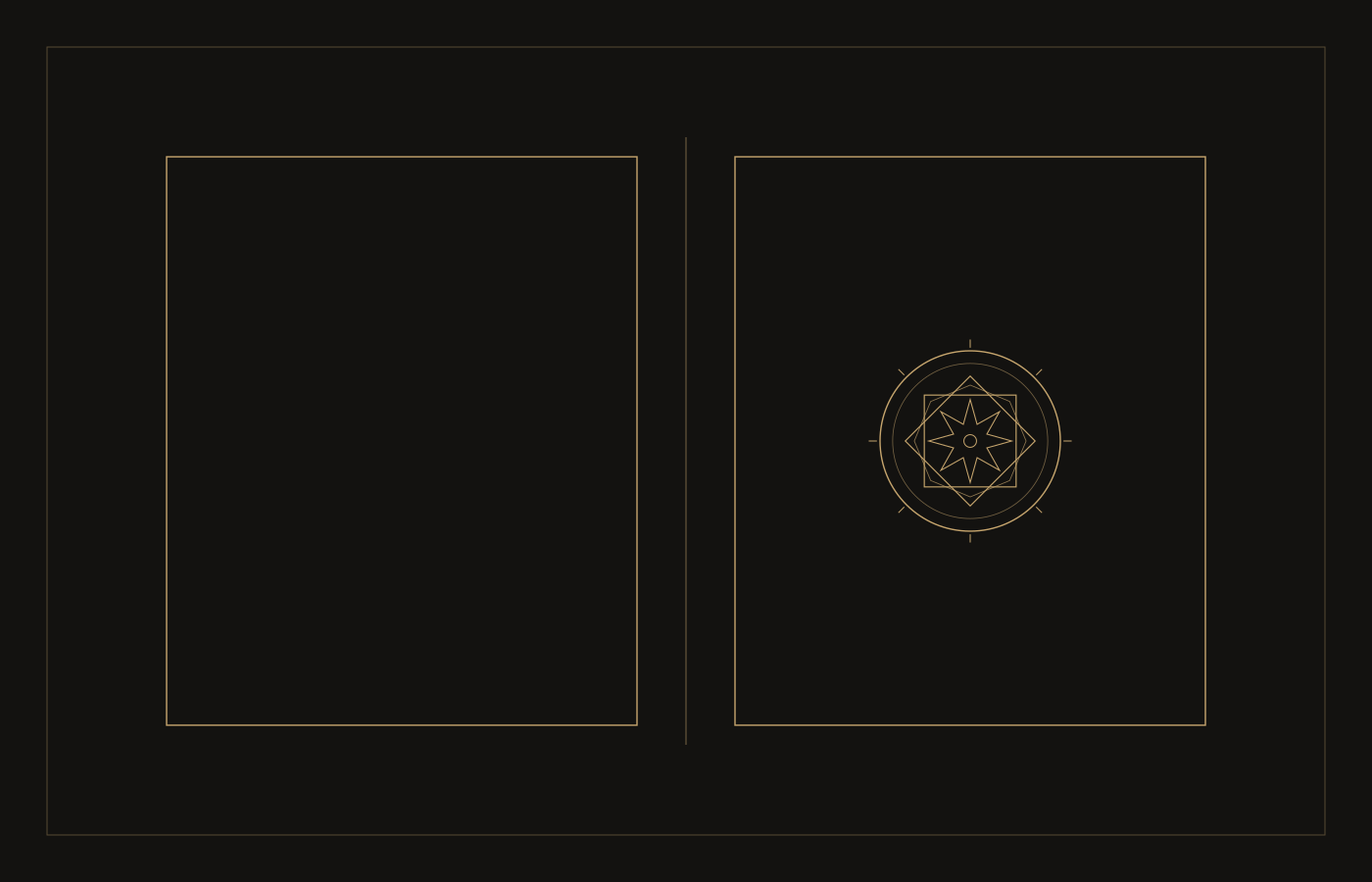 An open book drawn as two plain pages, with a small geometric rosette on the right page and no script.